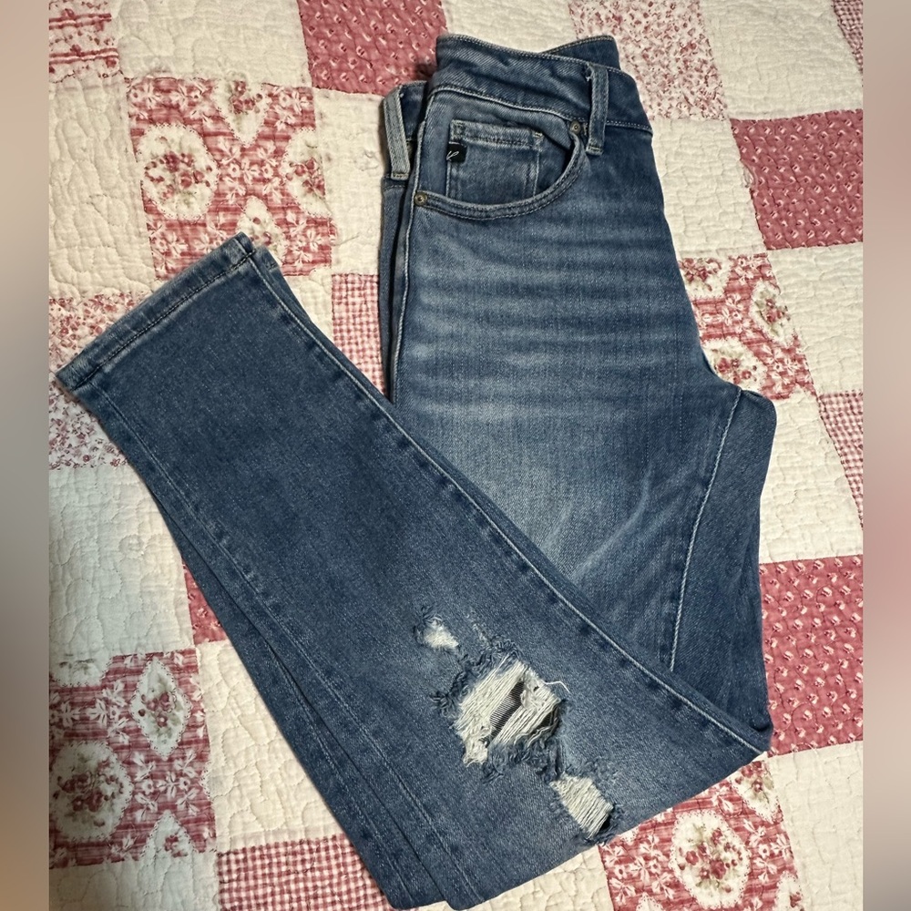 KanCan Blue, High Waisted, Button Fly Skinny Distressed Jeans with Subtle Fading
